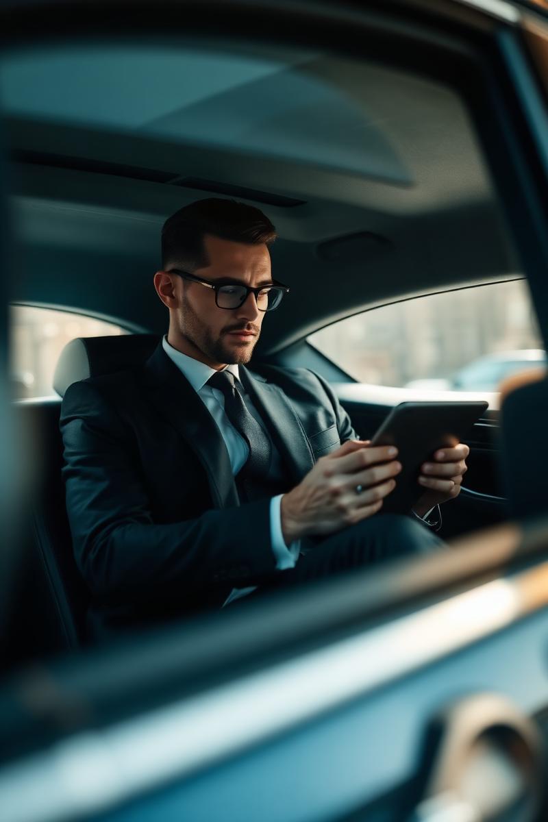 Business traveller in the back of a luxury car